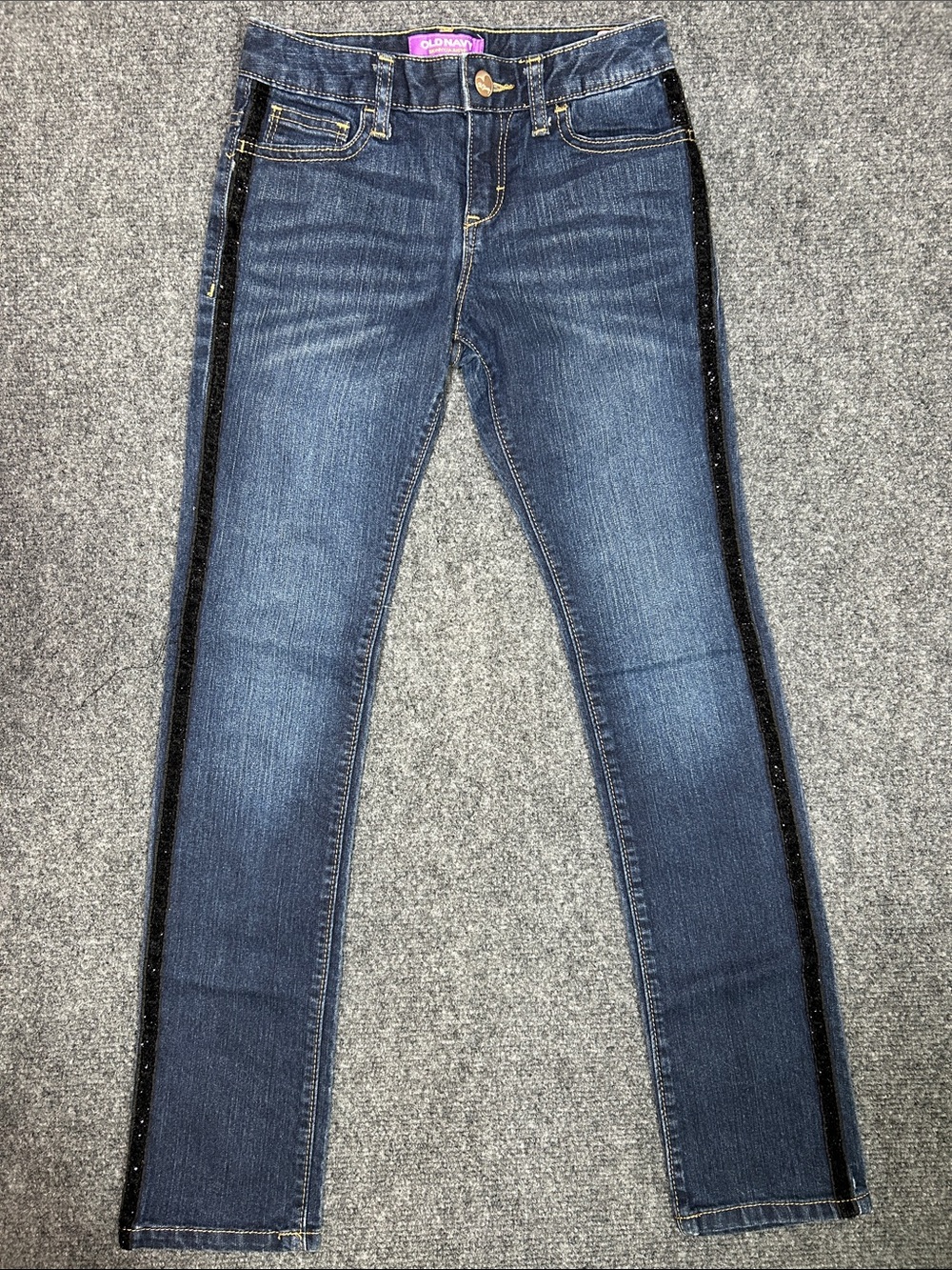 Old Navy Girl’s Dark Blue Skinny Jeans with Black Sparkly Side Trim Youth Sz. 10